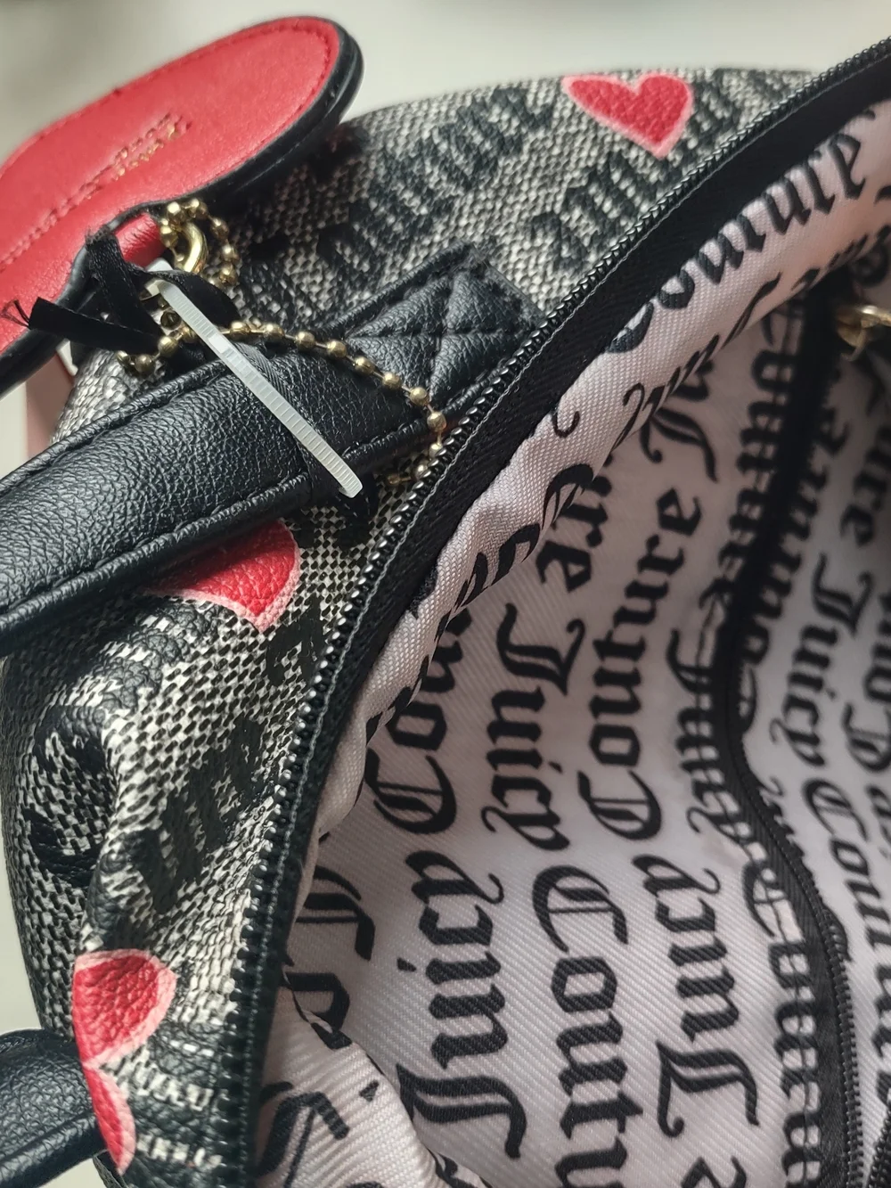 Juicy Couture Black Logo Valentine Hearts Canvas Mini Backpack Red Heart Charm